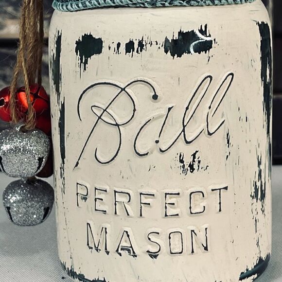 Hand-Painted Cream Color Antique Ball Pint Blue Mason Jar with Burlap & Bells - Picture 3 of 5